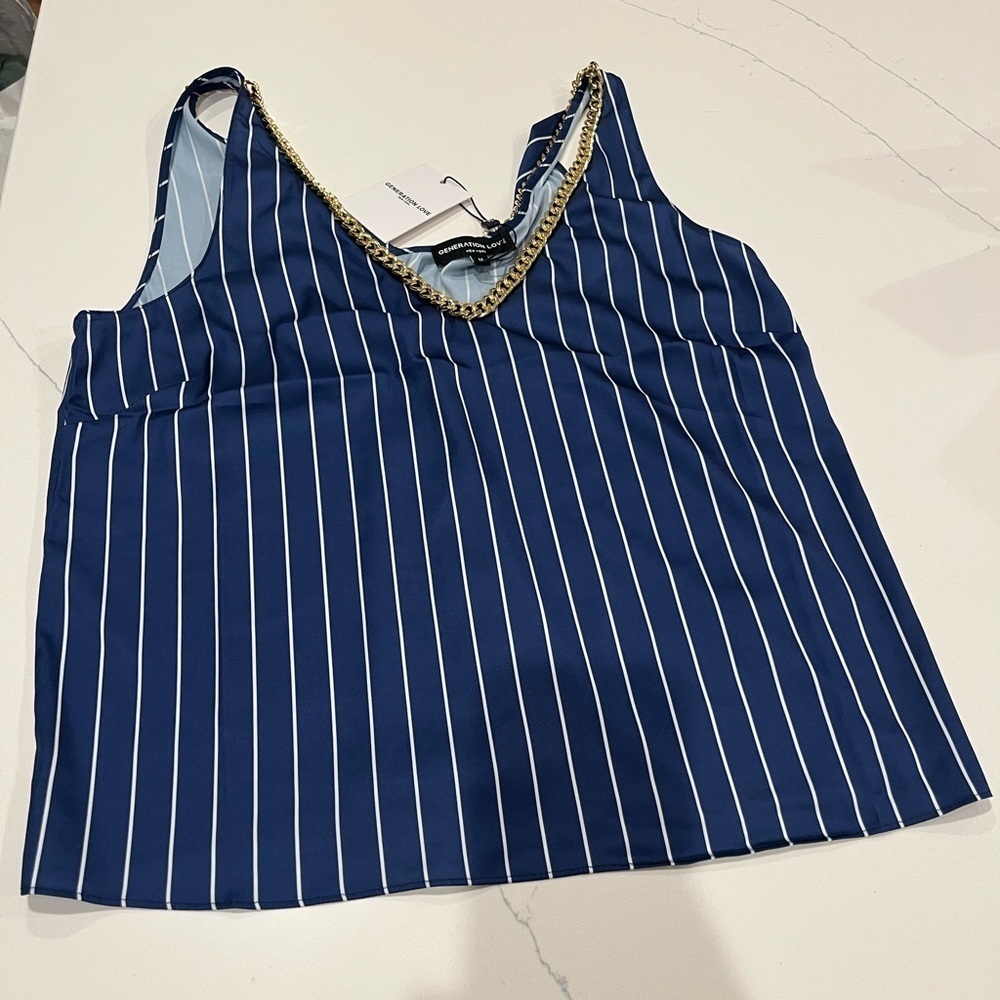 NWT Generation Love DALLAS CHAIN TANK Oxford White Blue Pinstripes Stripe M - Picture 2 of 4